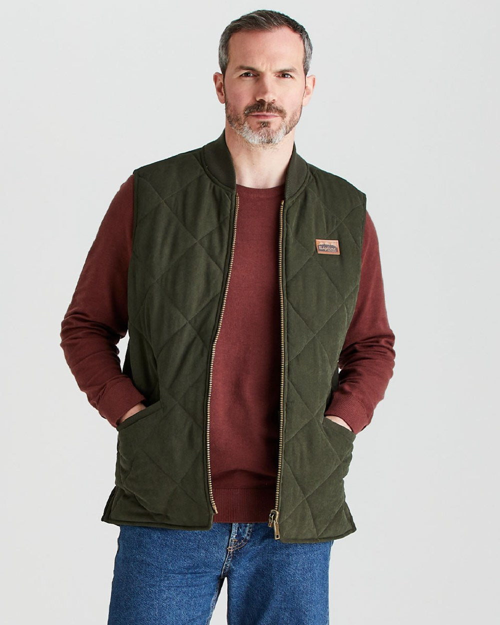 Deep Forest coloured Ridgeline Mens Wester Skeld Gilet on grey background 