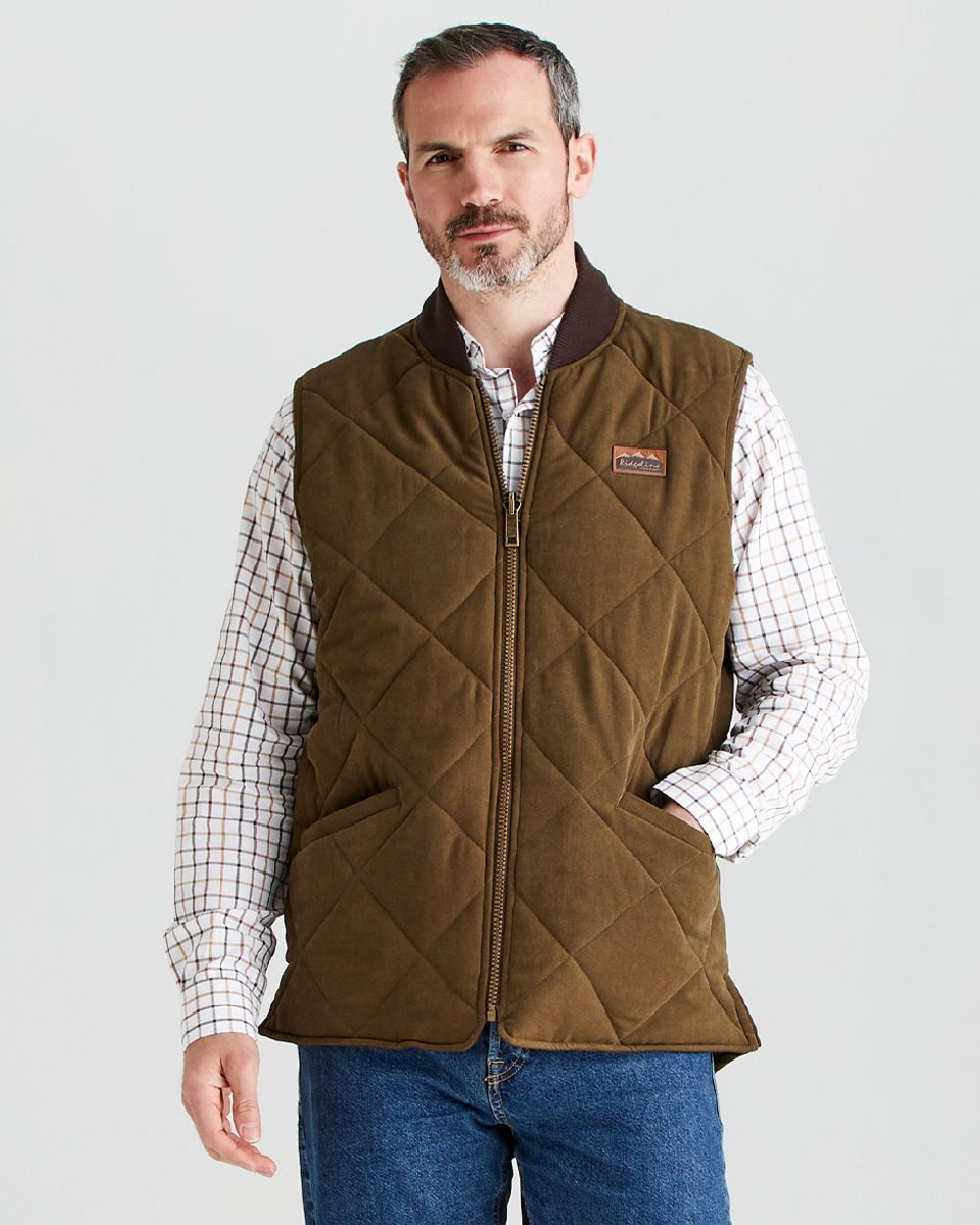 Moody Teak coloured Ridgeline Mens Wester Skeld Gilet on grey background 