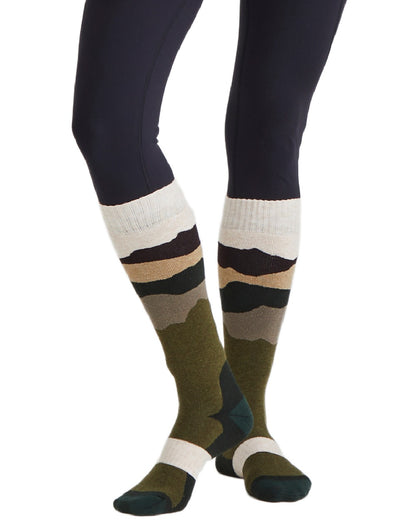 Olive Stripes Coloured Ridgeline Merino Wool Full Length Socks on white background 