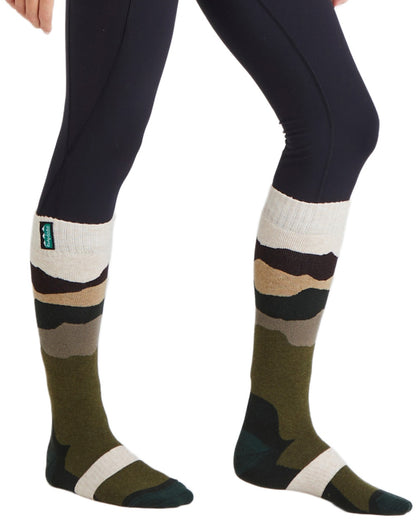 Olive Stripes Coloured Ridgeline Merino Wool Full Length Socks on white background 