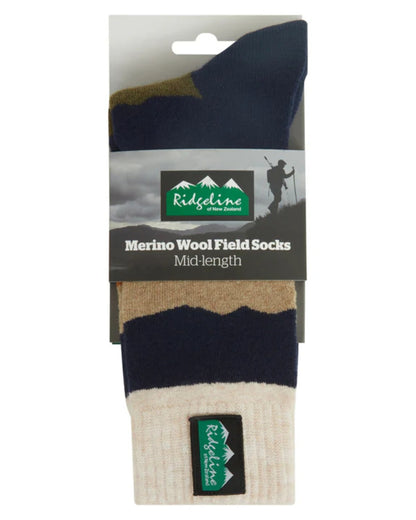 Navy Stripes coloured Ridgeline Merino Wool Mid Length Socks on white background 