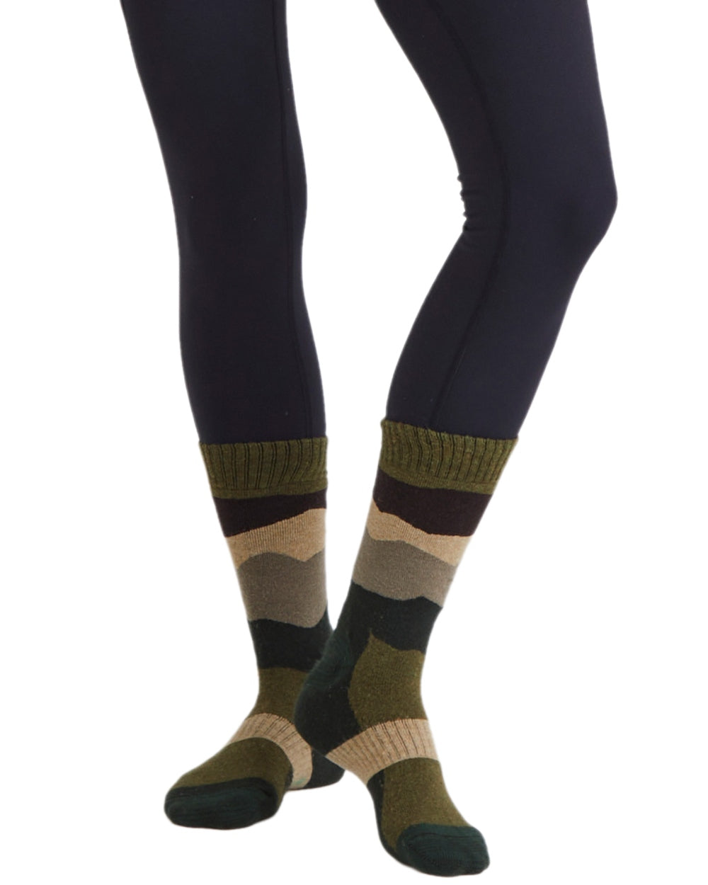 Olive Stripes Coloured Ridgeline Merino Wool Mid Length Socks on white background 