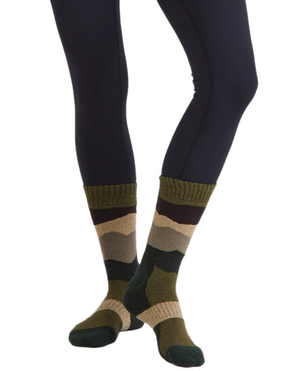 Olive Stripes Coloured Ridgeline Merino Wool Mid Length Socks on white background 