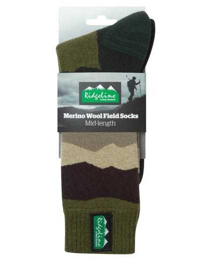 Olive Stripes Coloured Ridgeline Merino Wool Mid Length Socks on white background 