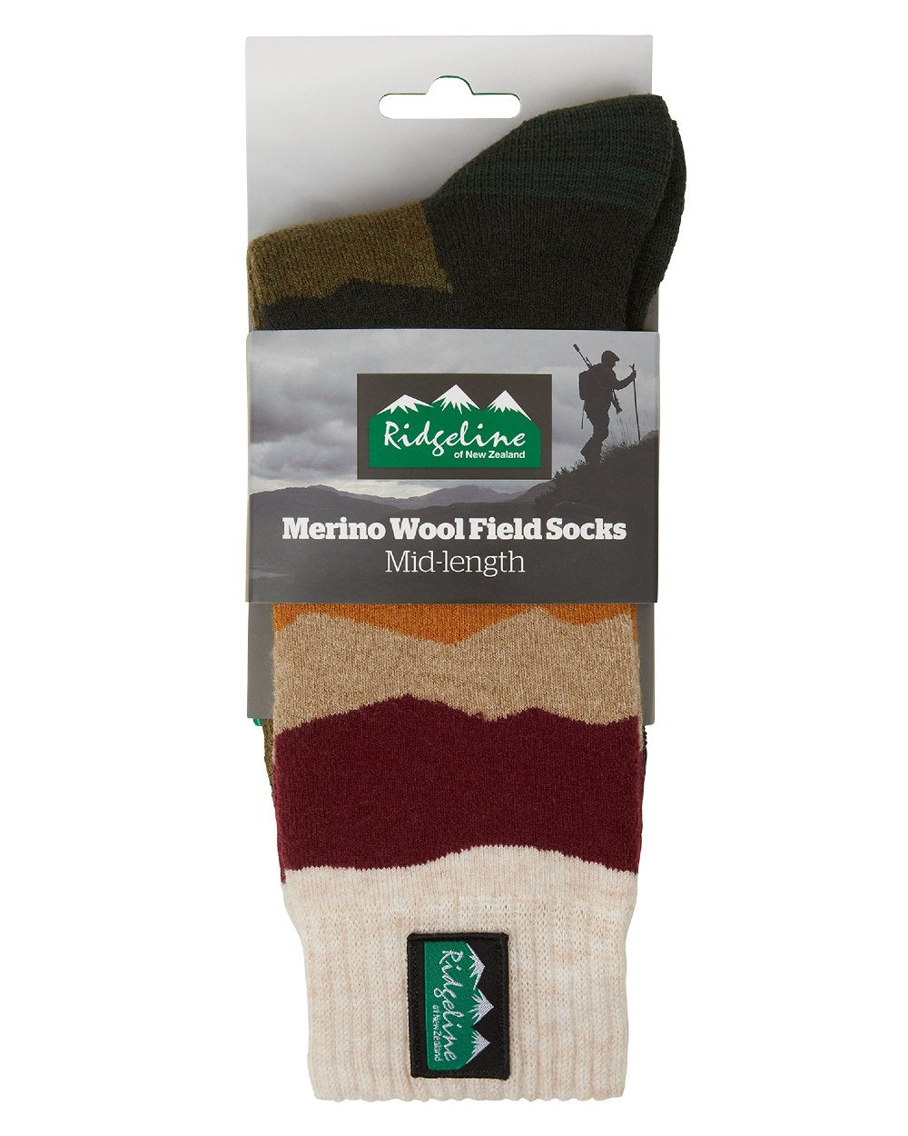 Berry stripes coloured Ridgeline Merino Wool Socks Mid Length on white background 