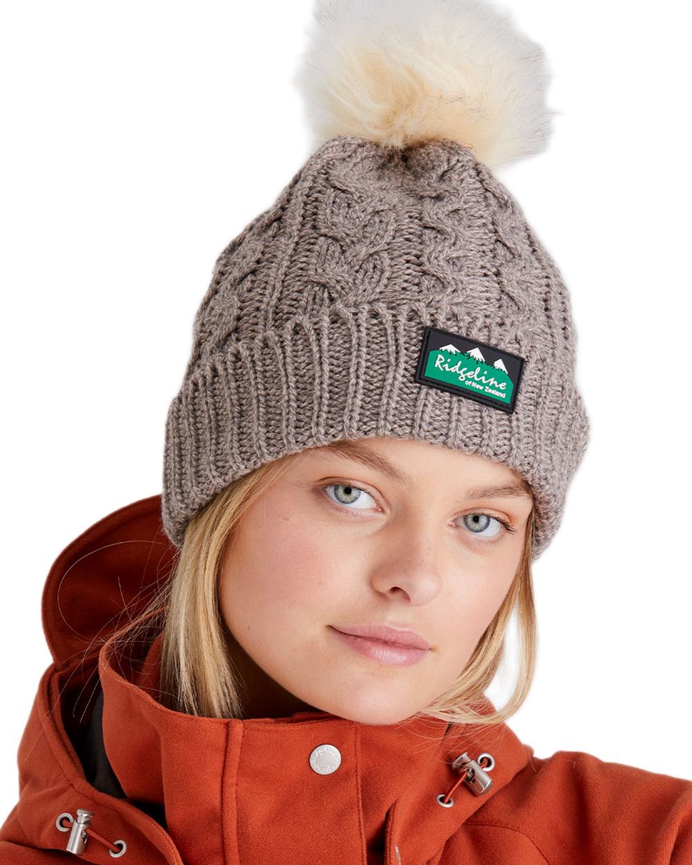 Mushroom Coloured Ridgeline Nordic Fleck Bobble Hat on white background 