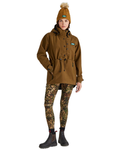 Ochre Coloured Ridgeline Nordic Fleck Bobble Hat on white background 