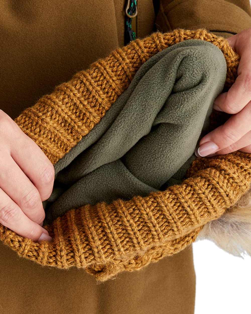 Ochre Coloured Ridgeline Nordic Fleck Bobble Hat on white background 