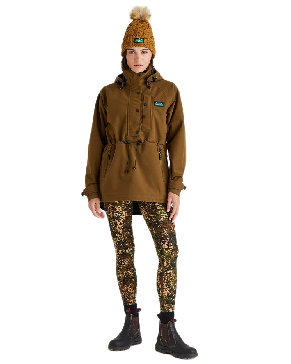 Ochre Coloured Ridgeline Nordic Fleck Bobble Hat on white background 