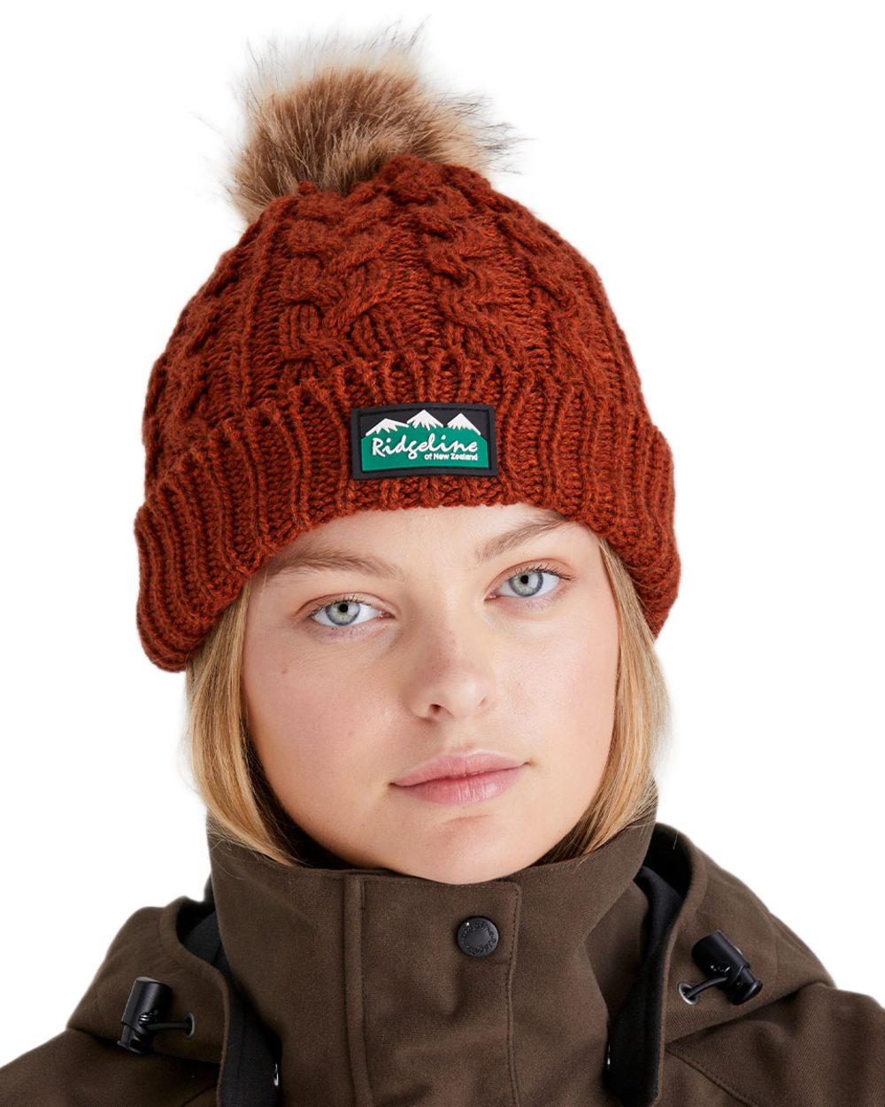 Russet Coloured Ridgeline Nordic Fleck Bobble Hat on white background 