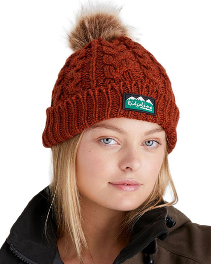 Russet Coloured Ridgeline Nordic Fleck Bobble Hat on white background 