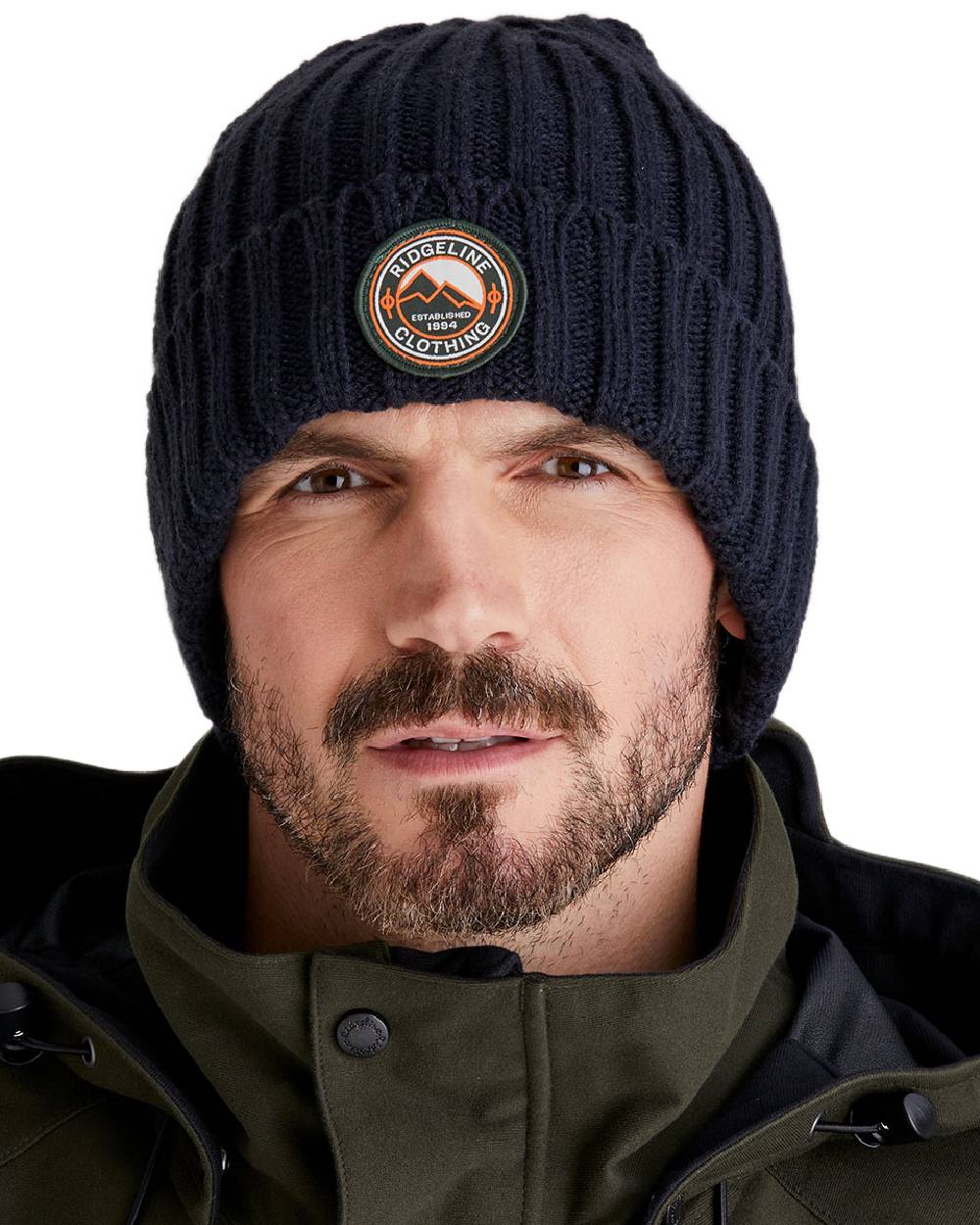 Navy Coloured Ridgeline Original Knitted Beanie on white background 
