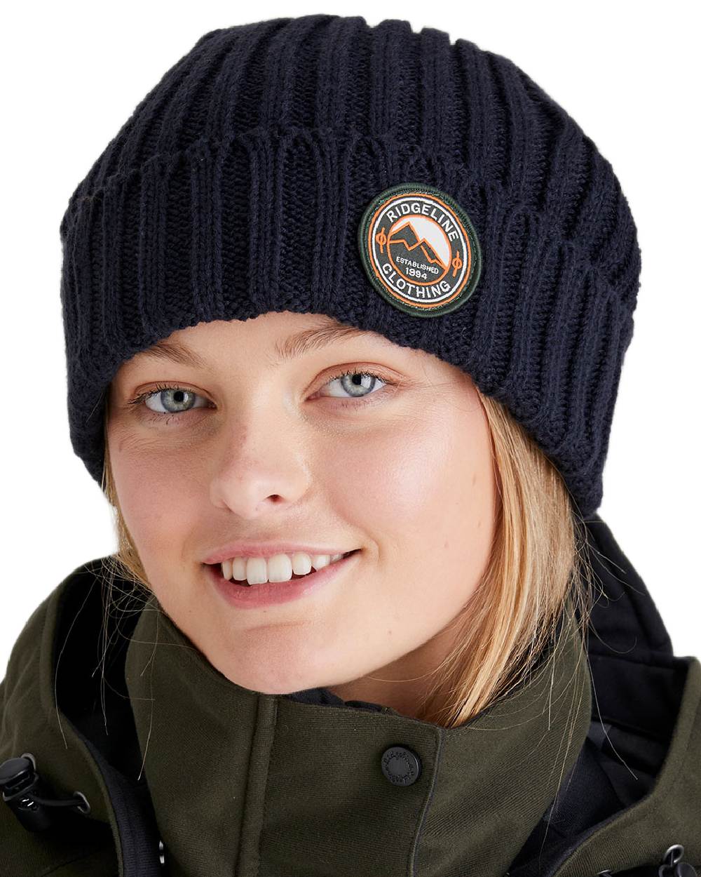 Navy Coloured Ridgeline Original Knitted Beanie on white background 
