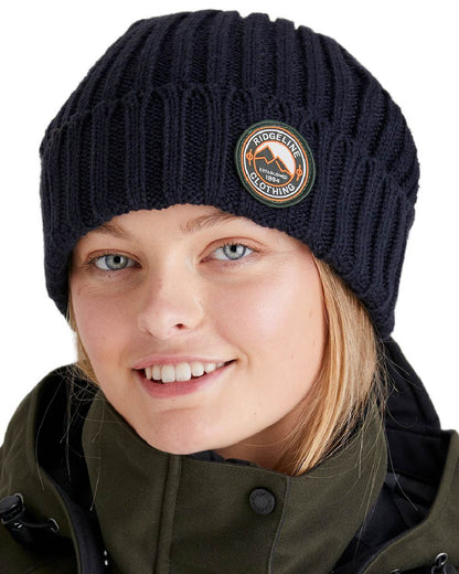 Navy Coloured Ridgeline Original Knitted Beanie on white background 