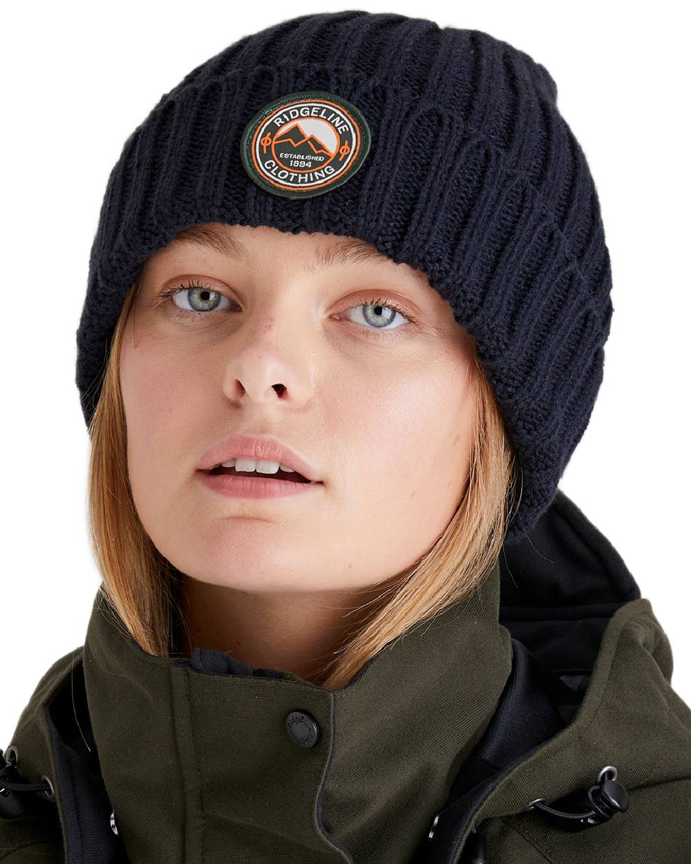 Navy Coloured Ridgeline Original Knitted Beanie on white background 