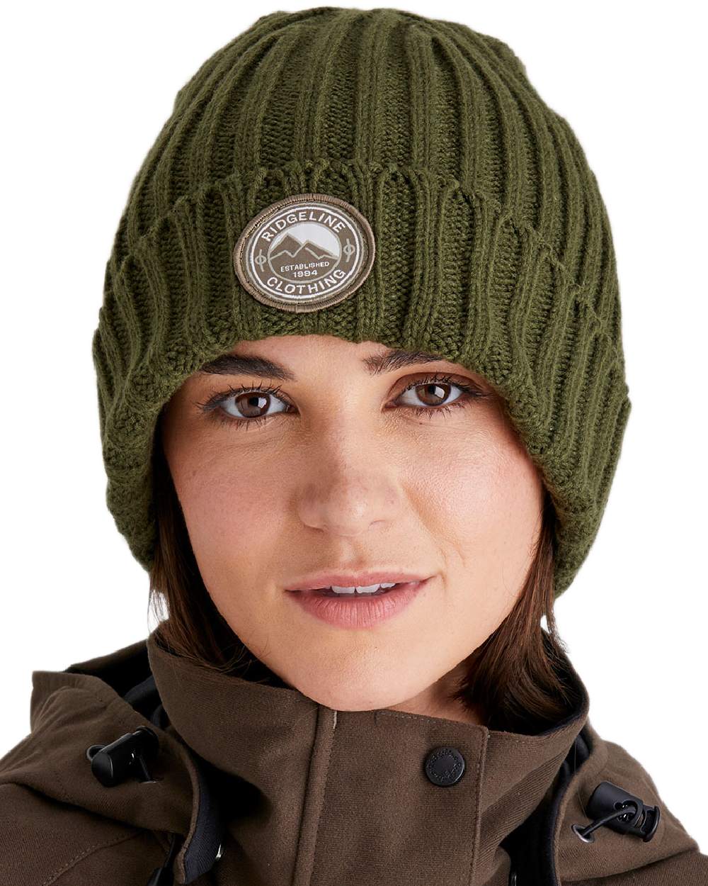 Olive Coloured Ridgeline Original Knitted Beanie on white background 