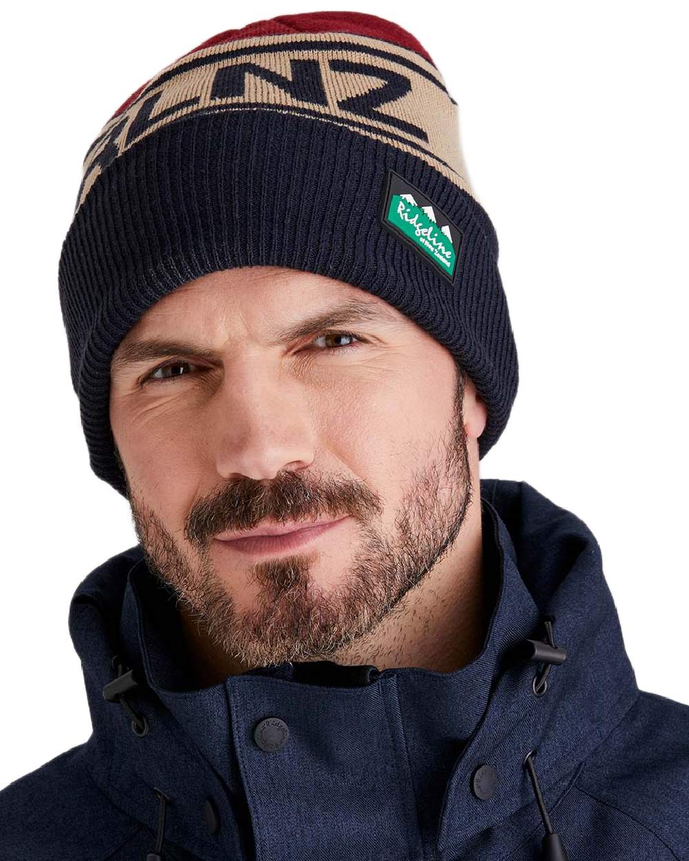 Navy Multi Coloured Ridgeline RLNZ Knitted Beanie on white background 
