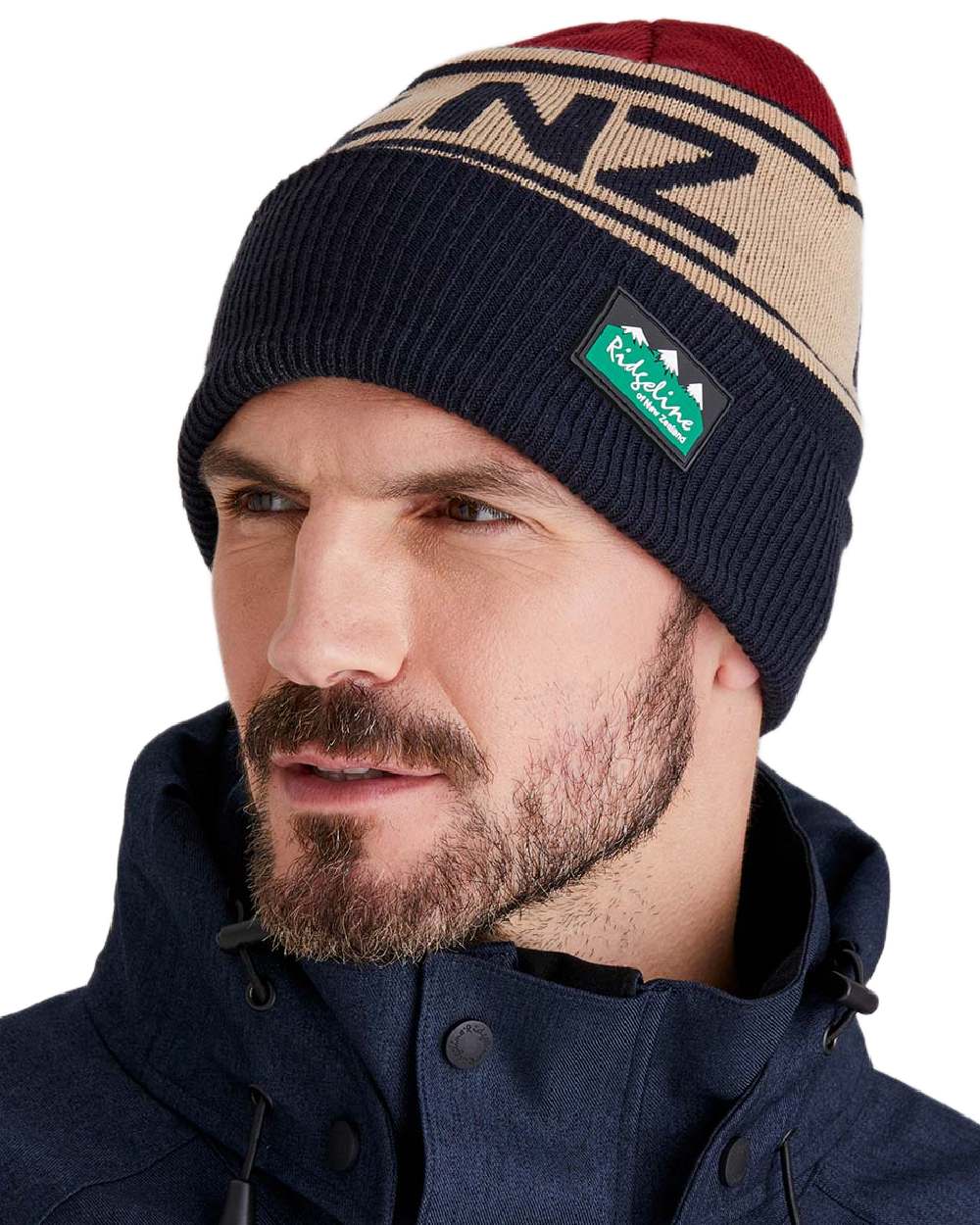 Navy Multi Coloured Ridgeline RLNZ Knitted Beanie on white background 