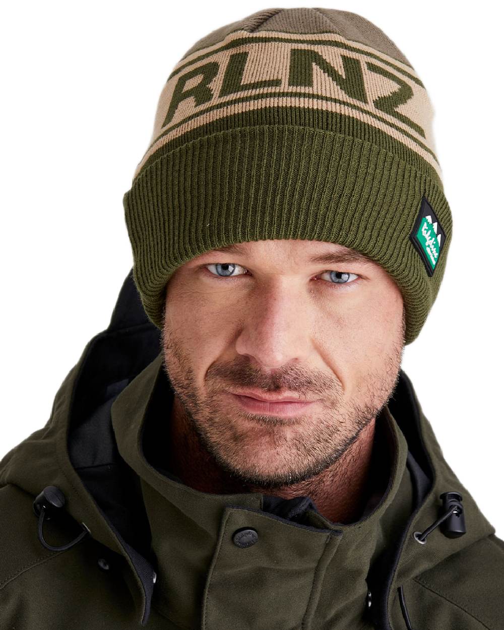 Olive Multi Coloured Ridgeline RLNZ Knitted Beanie on white background 