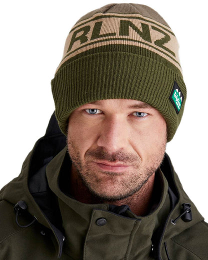 Olive Multi Coloured Ridgeline RLNZ Knitted Beanie on white background 