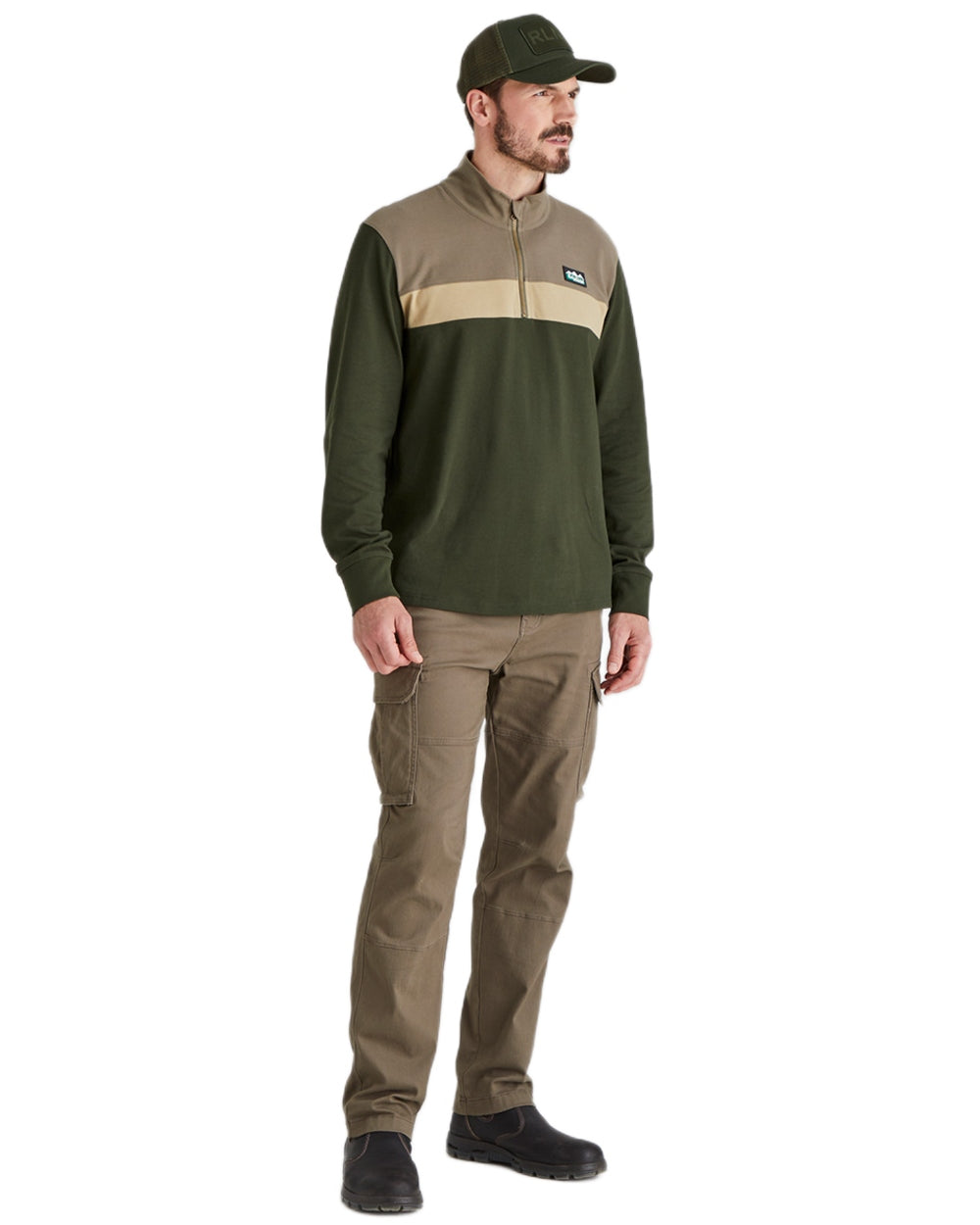 Olive Coloured Ridgeline RLNZ Trucker Cap on white background 