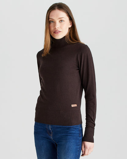 Deep Bark coloured Ridgeline Womens Melford Knit Roll Neck Jumper on grey background 