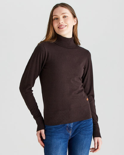 Deep Bark coloured Ridgeline Womens Melford Knit Roll Neck Jumper on grey background 