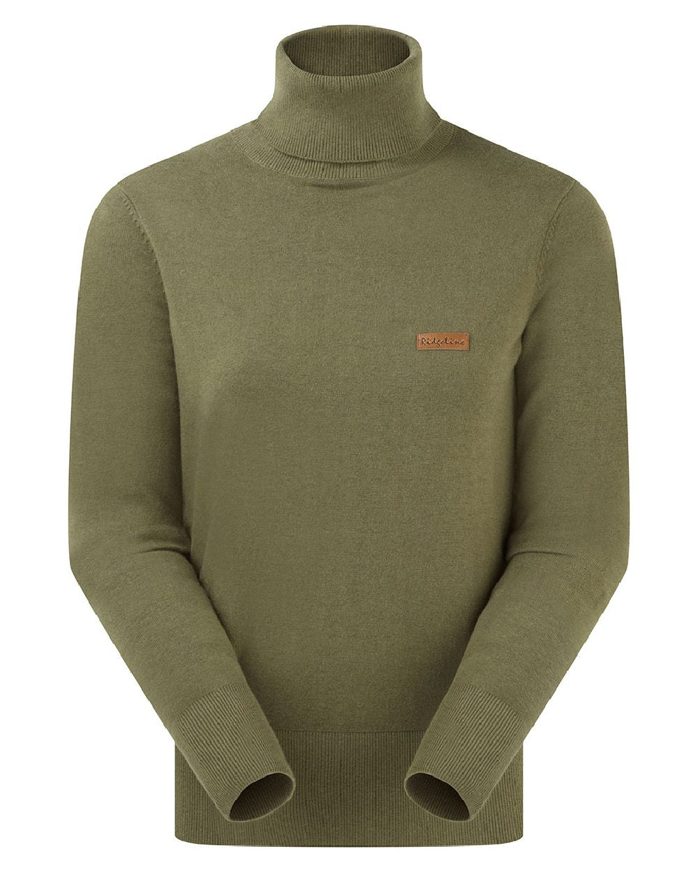Khaki Green coloured Ridgeline Womens Melford Knit Roll Neck Jumper on white background 