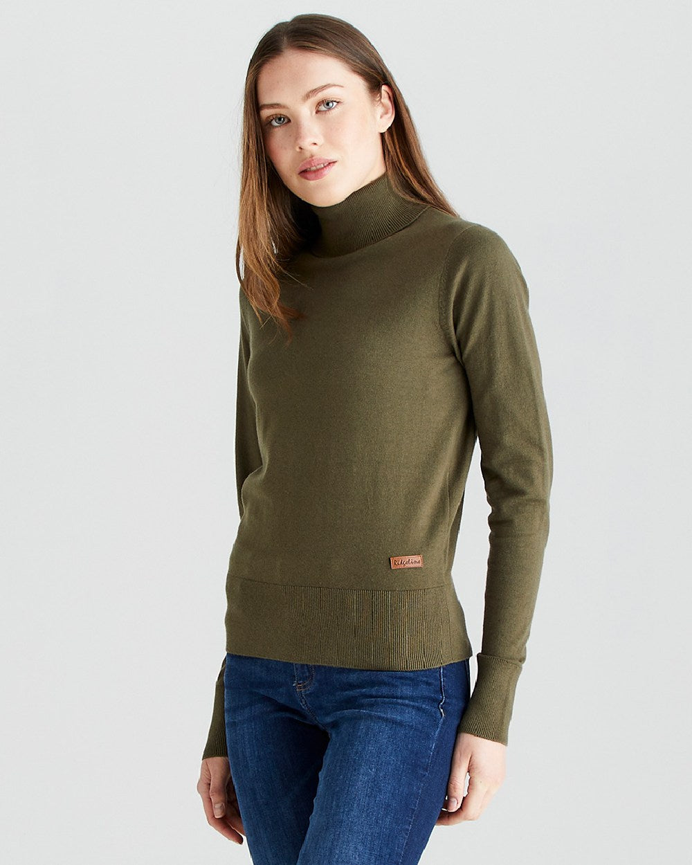Khaki Green coloured Ridgeline Womens Melford Knit Roll Neck Jumper on grey background 