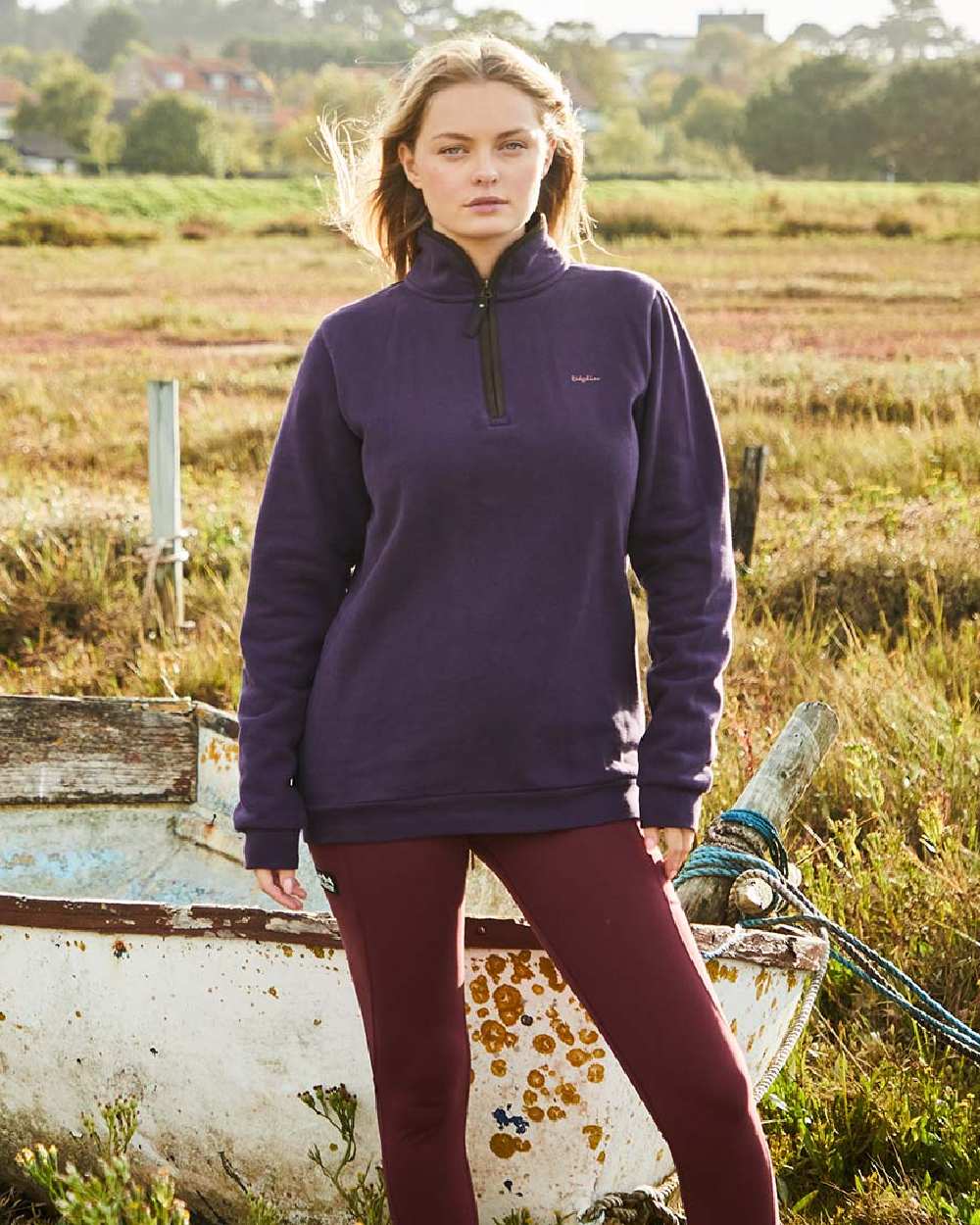 Nightshade Coloured Ridgeline Womens Brancaster Quarter Zip Top on outdoor background 