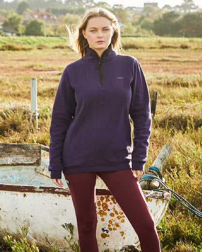 Nightshade Coloured Ridgeline Womens Brancaster Quarter Zip Top on outdoor background 