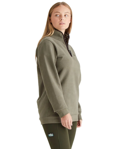 Smokey Olive Coloured Ridgeline Womens Brancaster Quarter Zip Top on white background 