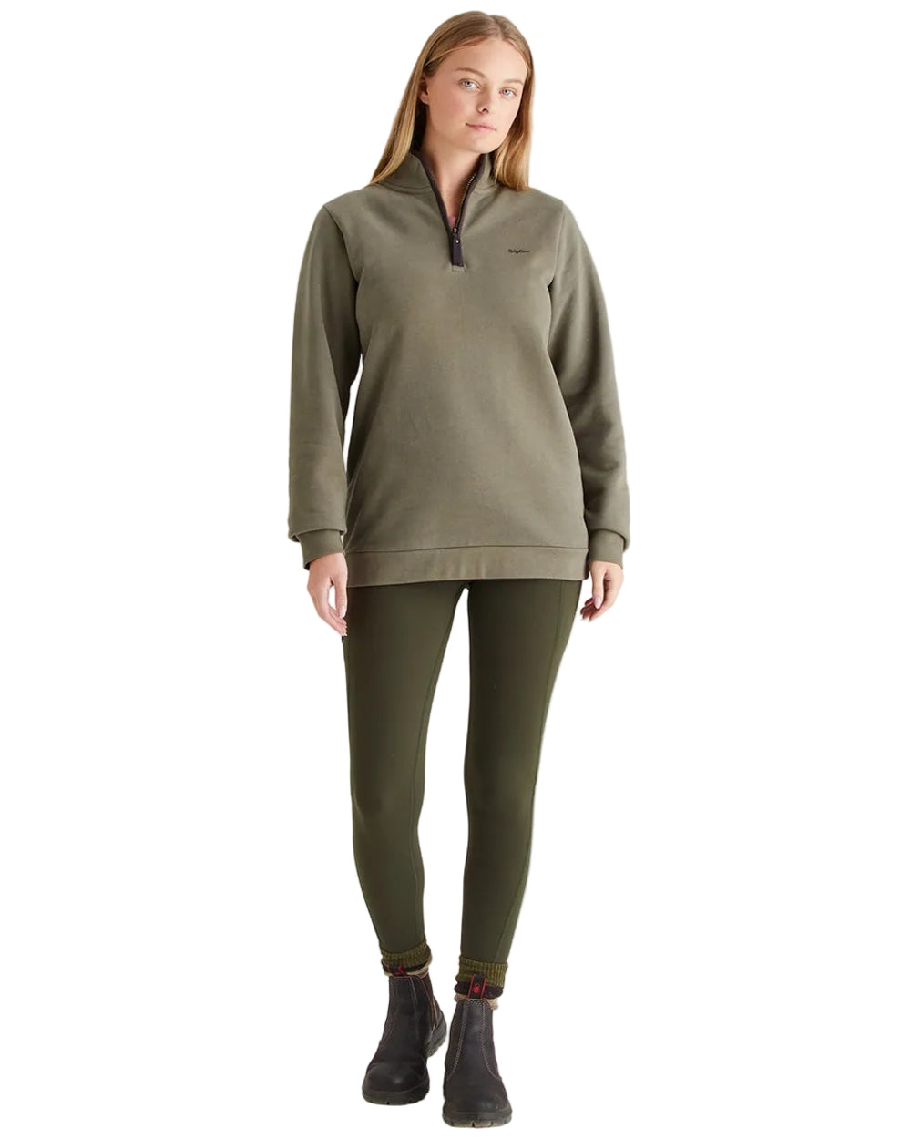 Smokey Olive Coloured Ridgeline Womens Brancaster Quarter Zip Top on white background 
