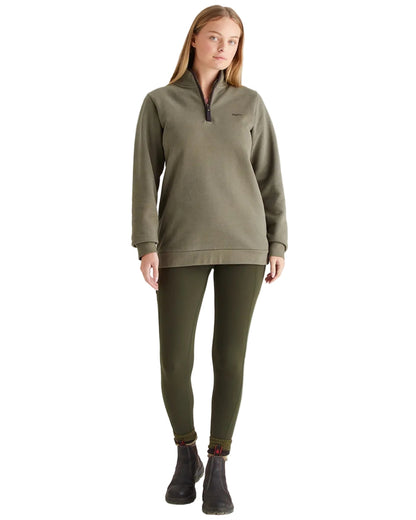 Smokey Olive Coloured Ridgeline Womens Brancaster Quarter Zip Top on white background 