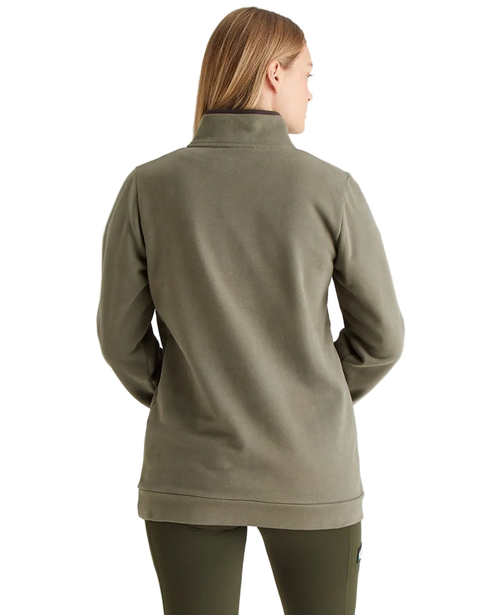 Smokey Olive Coloured Ridgeline Womens Brancaster Quarter Zip Top on white background 
