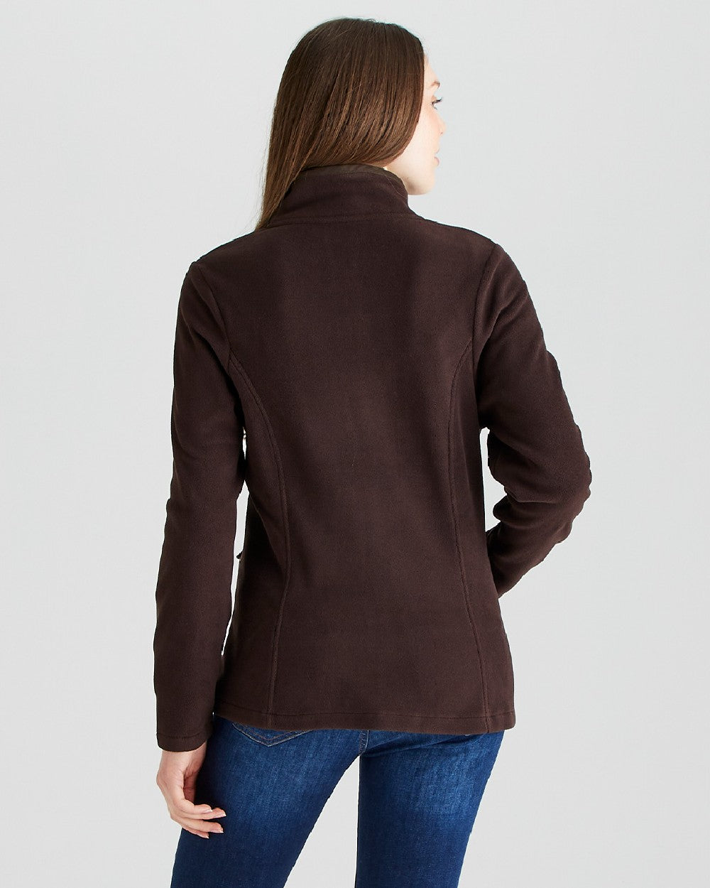 Deep Bark coloured Ridgeline Womens Brenna Fleece Jacket on grey 