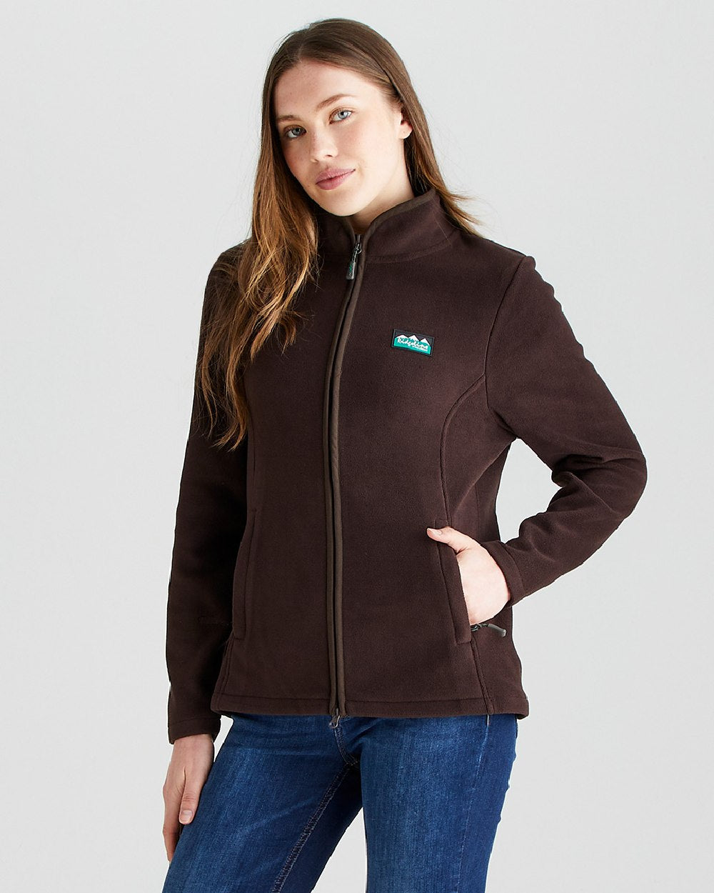 Deep Bark coloured Ridgeline Womens Brenna Fleece Jacket on grey 