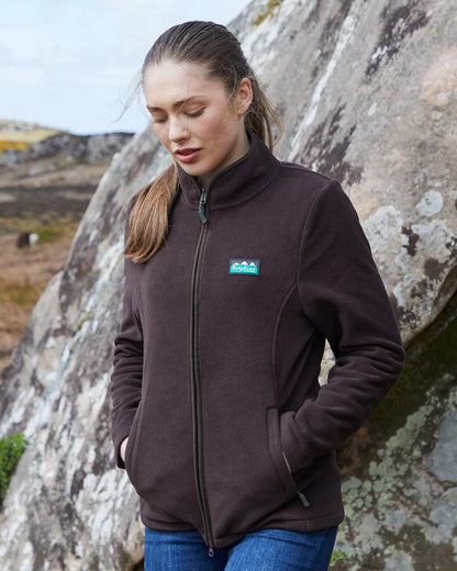 Deep Bark coloured Ridgeline Womens Brenna Fleece Jacket on field 