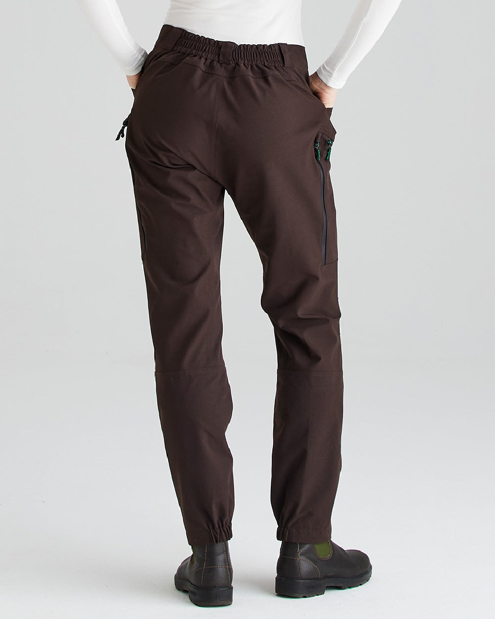 Deep Bark coloured Ridgeline Womens Cambrian Trousers on grey background 