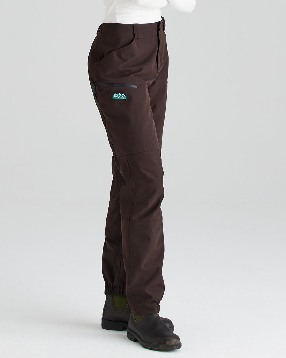 Deep Bark coloured Ridgeline Womens Cambrian Trousers on grey background 