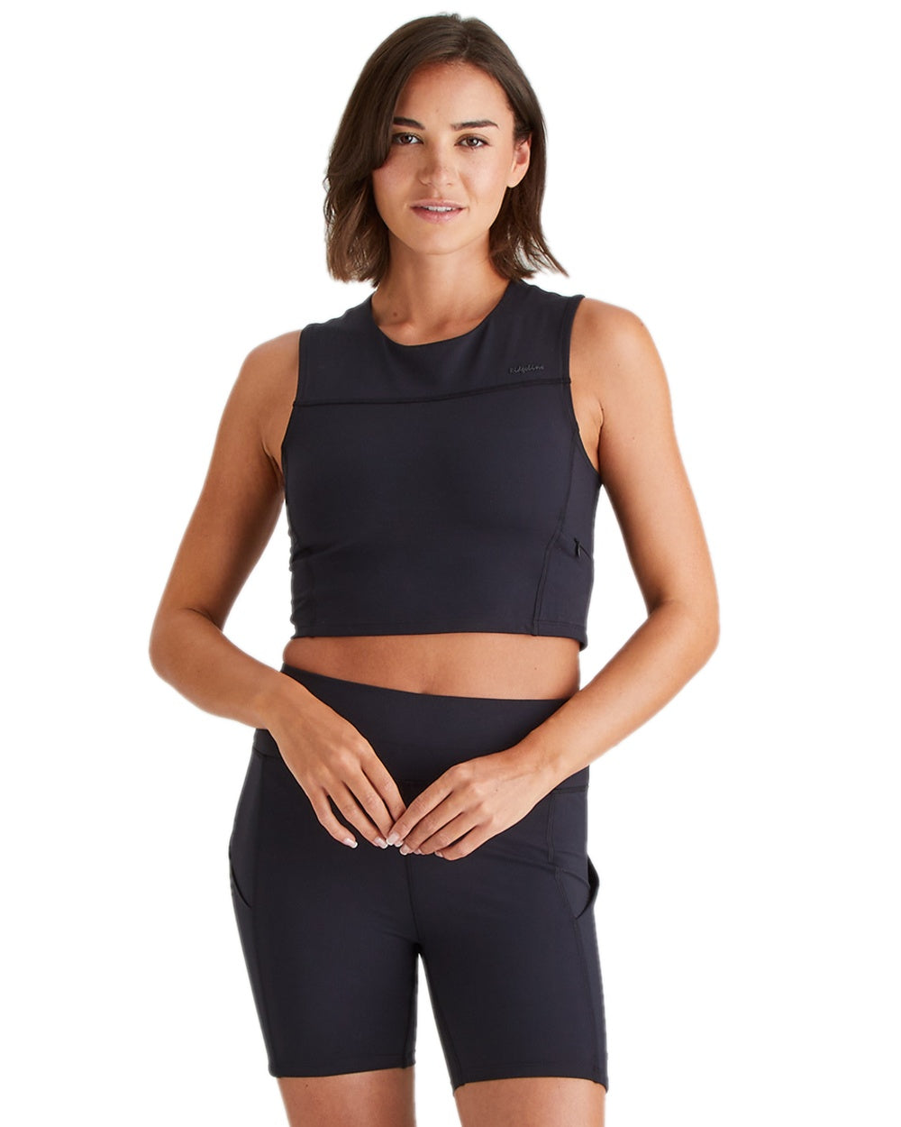 Black Coloured Ridgeline Womens Infinity Crop Top on white background 