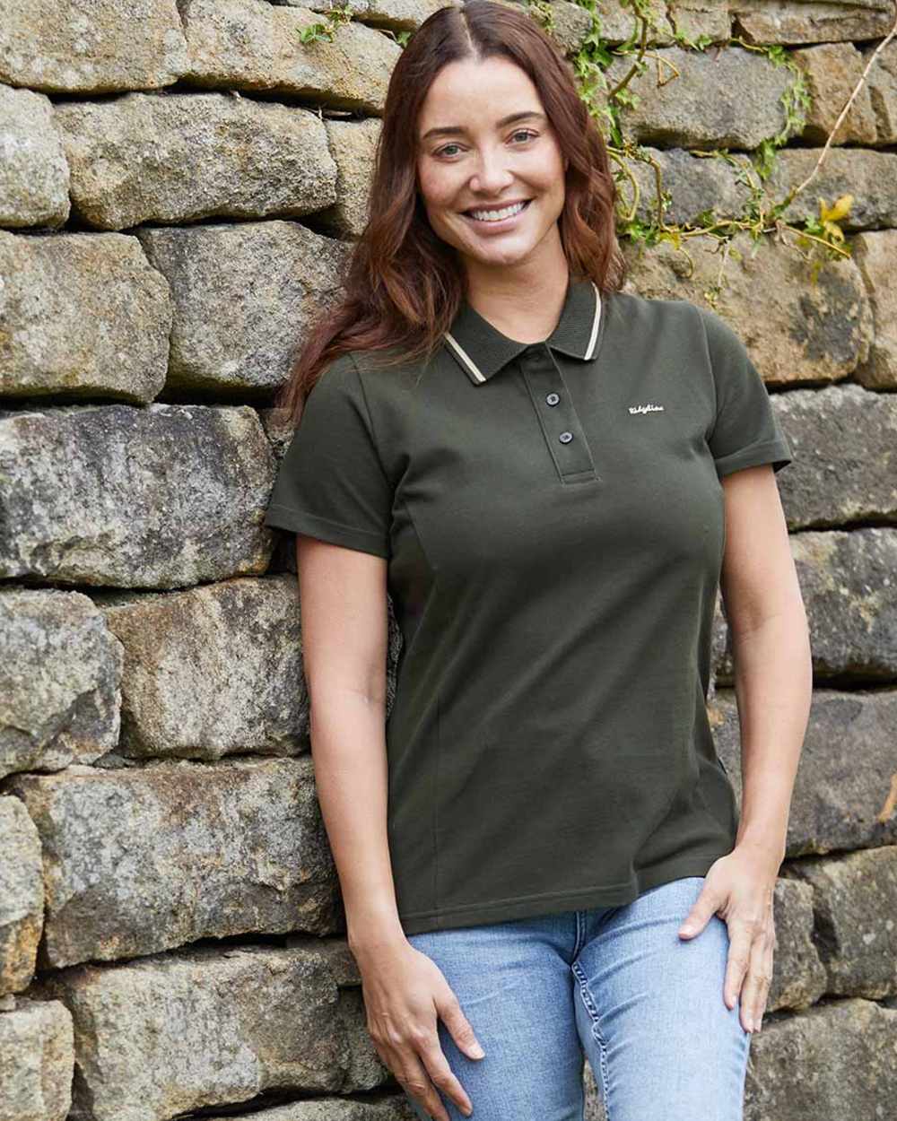 Deep Forest coloured Ridgeline Womens Kilworth Polo Shirt on outdoor background 