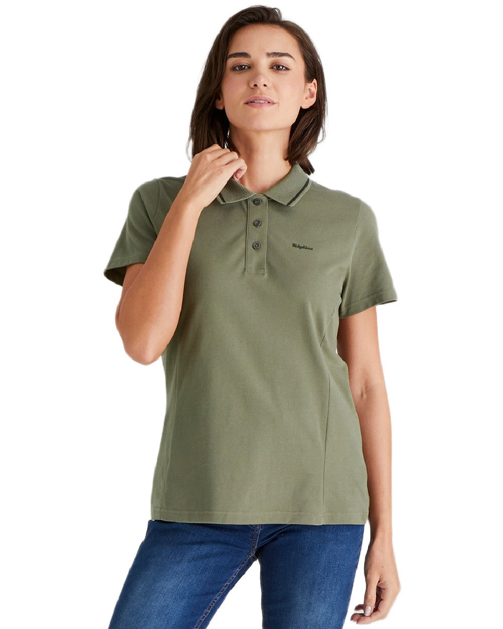 Smokey Olive coloured Ridgeline Womens Kilworth Polo Shirt on white background 