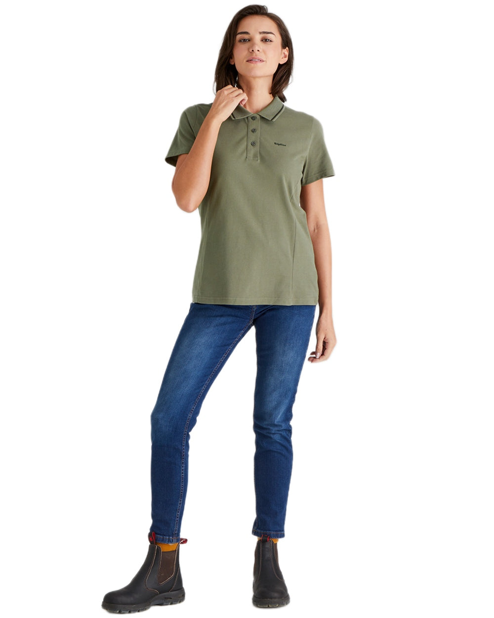 Smokey Olive coloured Ridgeline Womens Kilworth Polo Shirt on white background 