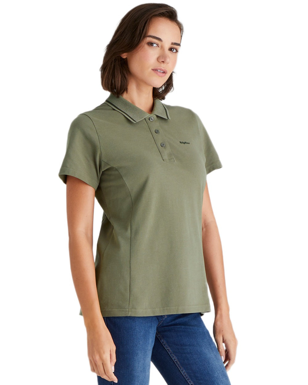 Smokey Olive coloured Ridgeline Womens Kilworth Polo Shirt on white background 