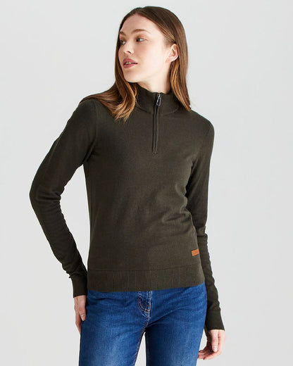 Deep Forest coloured Ridgeline Womens Melford Knit 1/4 Zip Jumper on grey background 