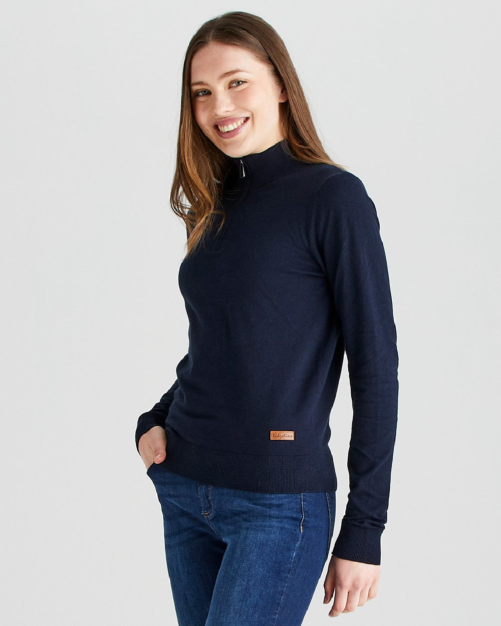 Navy coloured Ridgeline Womens Melford Knit 1/4 Zip Jumper on grey background 