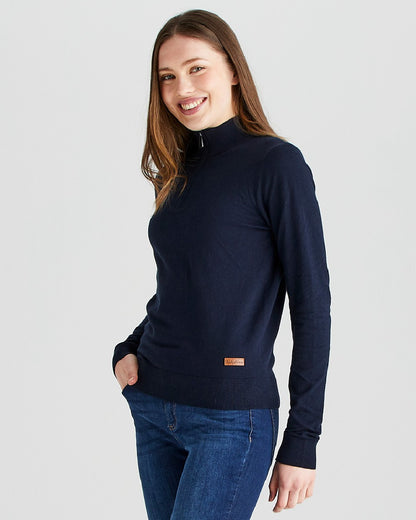 Navy coloured Ridgeline Womens Melford Knit 1/4 Zip Jumper on grey background 