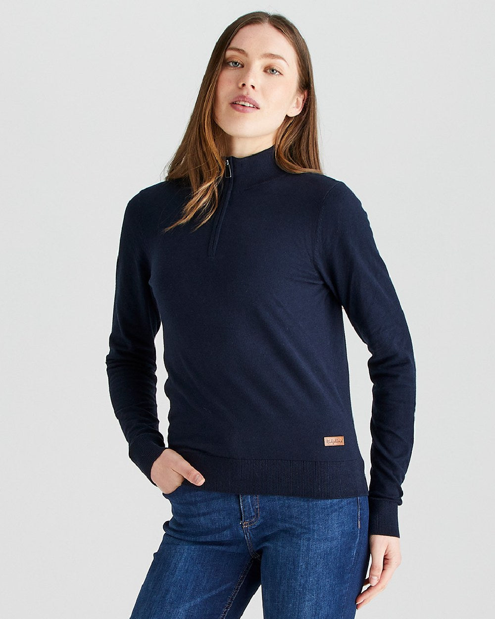 Navy coloured Ridgeline Womens Melford Knit 1/4 Zip Jumper on grey background 
