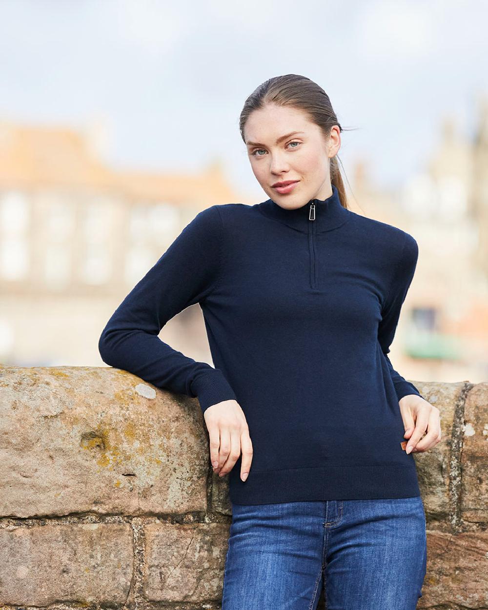 Navy coloured Ridgeline Womens Melford Knit 1/4 Zip Jumper on stone background 